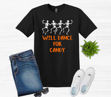 Load image into Gallery viewer, Will Dance for Candy Halloween Youth and Adult Unisex T Shirt or Sweatshirt