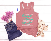 Load image into Gallery viewer, Forget the Carriage This Princess Rides in Her Mom's (any name) Mustang Girls Racerback Flowy Tank Top