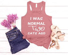 Load image into Gallery viewer, I was Normal Two Cats Ago Ladies Flowy Racerback Tank Top Personalization Available