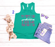 Load image into Gallery viewer, My Mom's Mustang is Faster than your Dad's Car Girls Racerback Flowy Tank Top