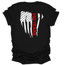 Load image into Gallery viewer, Black t-shirt with American flag design and '250 Years' text on a white background