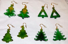 Load image into Gallery viewer, Green Christmas tree-shaped earrings on a white background