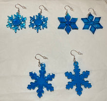 Load image into Gallery viewer, Blue snowflake earrings on a white background