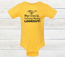 Load image into Gallery viewer, Yellow baby bodysuit with text and Mustang logo on a wooden background