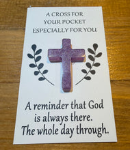 Load image into Gallery viewer, Purple cross on a card with text on a wooden surface