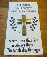 Load image into Gallery viewer, Gold cross on a card with text on a wooden surface