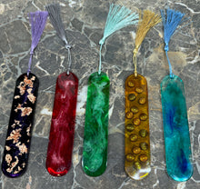 Load image into Gallery viewer, Colorful glass bookmarks with tassels on a marble surface