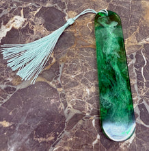 Load image into Gallery viewer, Decorative green and white bookmark with tassel on a marble surface