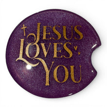 Load image into Gallery viewer, Purple car coaster with 'Jesus Loves You' text on a white background