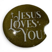 Load image into Gallery viewer, Round green glittery coaster with 'Jesus Loves You' text on a white background