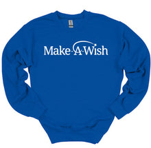 Load image into Gallery viewer, A royal blue crewneck sweatshirt with 'Make-A-Wish' printed in white across the chest, displayed flat against a plain white background.