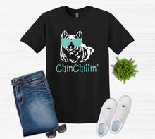 Load image into Gallery viewer, black t shirt chinchillin' text with graphic of chinchilla wearing sunglasses