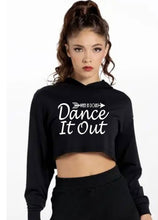 Load image into Gallery viewer, Black cropped hoodie with 'Dance It Out' text worn by a person on a white background