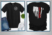 Load image into Gallery viewer, Black t-shirt with front and back designs on a gray background