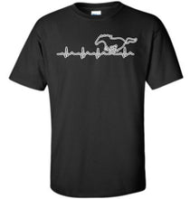 Load image into Gallery viewer, Black t-shirt with mustang heartbeat graphics and text on a white background