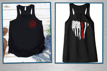 Load image into Gallery viewer, Two black tank tops with graphic designs on a wooden surface.