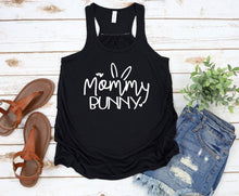 Load image into Gallery viewer, Black tank top with 'Mommy Bunny' text on a wooden surface with sandals and shorts.