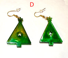 Load image into Gallery viewer, Green triangle-shaped earrings with gold hooks on a white background