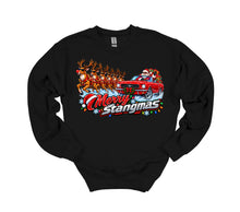 Load image into Gallery viewer, A black crewneck sweatshirt featuring a colorful graphic print of Santa Claus driving a red muscle car with reindeer behind him, and the text 'Merry Stangmas' in stylized red and white lettering.