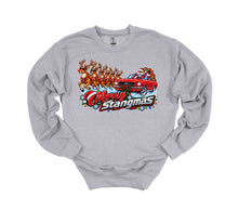 Load image into Gallery viewer, A light gray crewneck sweatshirt featuring a colorful graphic print of Santa Claus in a red car with reindeer, and the text 'Merry Stangmas' in stylized red and white lettering.