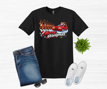 Load image into Gallery viewer, A black graphic t-shirt featuring a 'Merry Stangmas' holiday design with Santa in a red car and reindeer, styled in a flat lay with blue jeans, white sneakers, sunglasses, and a small green plant on a white wood background.