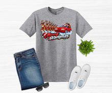 Load image into Gallery viewer, A heather gray graphic t-shirt featuring a 'Merry Stangmas' holiday design with a red muscle car and reindeer, styled in a flat lay with blue jeans, white sneakers, sunglasses, and a small green plant on a white wood background.