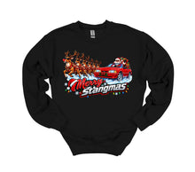 Load image into Gallery viewer, A black crewneck sweatshirt featuring a colorful graphic print of Santa Claus driving a red car with reindeer, accompanied by the text 'Merry Stangmas' in stylized red and white lettering.
