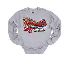 Load image into Gallery viewer, A light gray crewneck sweatshirt featuring a colorful graphic print of Santa Claus driving a red car with reindeer, and the text 'Merry Stangmas' in stylized red and white lettering.