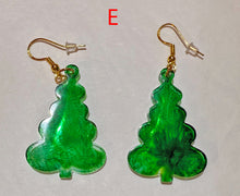 Load image into Gallery viewer, Green tree-shaped earrings with gold hooks on a light gray background