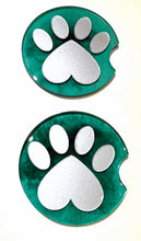 Load image into Gallery viewer, green resin car coaster with silver paw prints