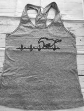 Load image into Gallery viewer, Gray tank top with a horse and heartbeat design on a wooden surface