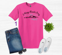 Load image into Gallery viewer, Pink t-shirt with graphic design, jeans, white sneakers, sunglasses on a light gray background