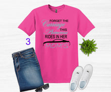 Load image into Gallery viewer, Pink t-shirt with Forget the Carriage this Princess rides in her Mom's Mustang text, jeans, white sneakers, and sunglasses on a light gray background.