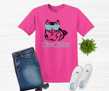 Load image into Gallery viewer, pink t shirt chinchillin' text with graphic of chinchilla wearing sunglasses