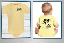 Load image into Gallery viewer, Yellow baby onesie with 'Jesus Loves You' text, front and back views.