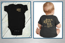 Load image into Gallery viewer, Black baby onesie with 'Jesus Loves You' text on a white background