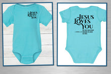 Load image into Gallery viewer, Two caribbean colored baby onesies with 'Jesus Loves You' text on a wooden background