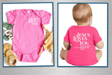 Load image into Gallery viewer, Pink 'Jesus Loves You' baby onesie and shirt on a white background