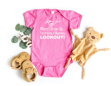 Load image into Gallery viewer, Pink baby bodysuit with text and a teddy bear on a white background