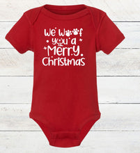 Load image into Gallery viewer, red infant bodysuit we woof you a merry christmas text