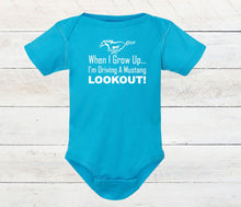 Load image into Gallery viewer, Blue baby bodysuit with text and horse graphic on a wooden surface