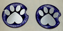 Load image into Gallery viewer, Two purple and silver paw print coasters on a light gray background