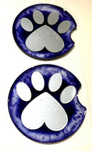 Load image into Gallery viewer, two purple car coasters with silver paw prints
