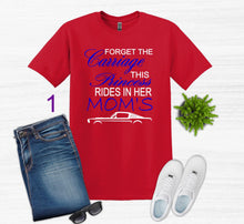 Load image into Gallery viewer, Red t-shirt with Forget the Carriage this Princess rides in her Mom's Mustang text, blue jeans, white sneakers, sunglasses on a light gray background