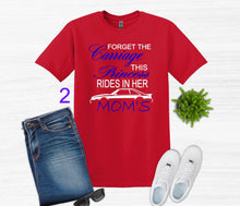 Load image into Gallery viewer, Red t-shirt with Forget the Carriage this Princess rides in her Mom's Mustang text, blue jeans, white sneakers, sunglasses, and a plant on a white background