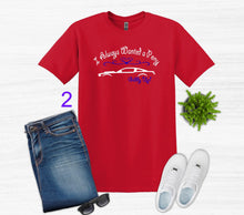 Load image into Gallery viewer, Red t-shirt with graphic design, blue jeans, white sneakers, and sunglasses on a white background