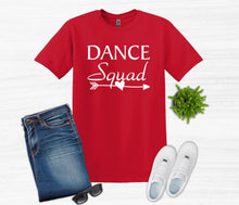 Load image into Gallery viewer, red t shirt dance squad text
