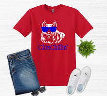 Load image into Gallery viewer, red t shirt chinchillin' text with graphic of chinchilla wearing sunglasses