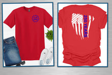 Load image into Gallery viewer, Two red t-shirts with patriotic designs on a white background