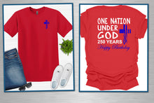 Load image into Gallery viewer, Red t-shirt with blue cross design and text on a white background